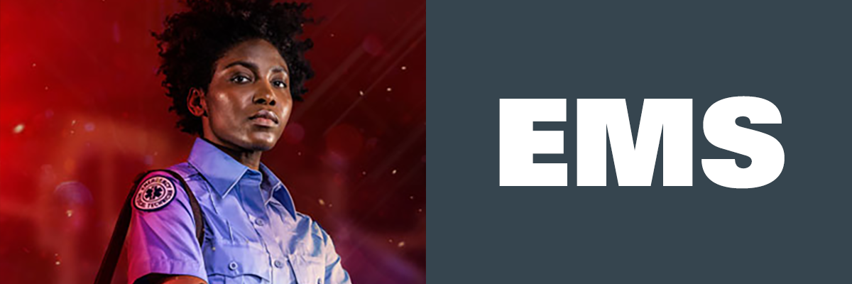 EMT in uniform with red EMS bag on one shoulder representing HAIX EMS boots category on a red background